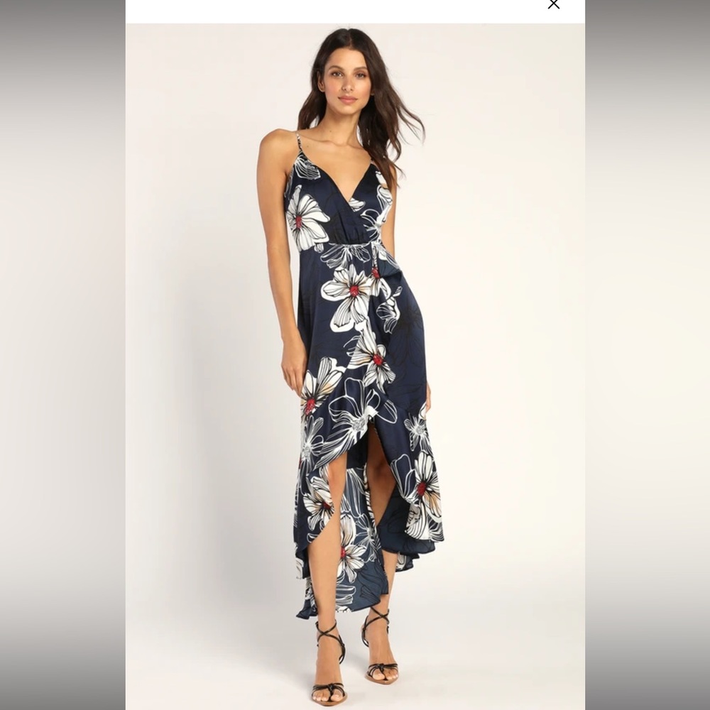 Lulus Seeking Chic Navy Blue Floral Print Ruffled Faux-Wrap Midi Dress - Picture 3 of 14
